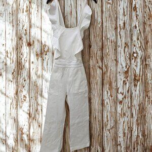 🤍 Sugar & Lips White Ruffle Jumpsuit – Open Back Linen Blend